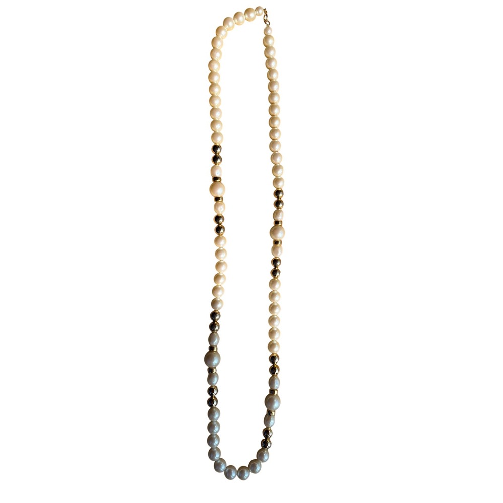 Vintage Style Faux Pearl and Gold Tone Beaded Graduated Strand Necklace Elegant